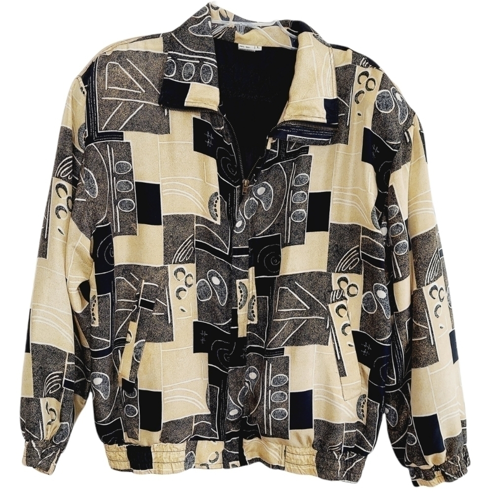 Vintage Fuda International Woman's Large Silk Bomber Jacket Geometric Black 90s